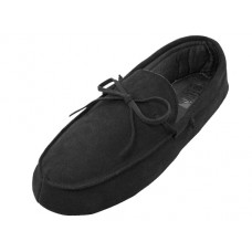 M080004-B - Wholesale Men's Leather Upper Moccasin Insulated House Slippers (*Black Color) 